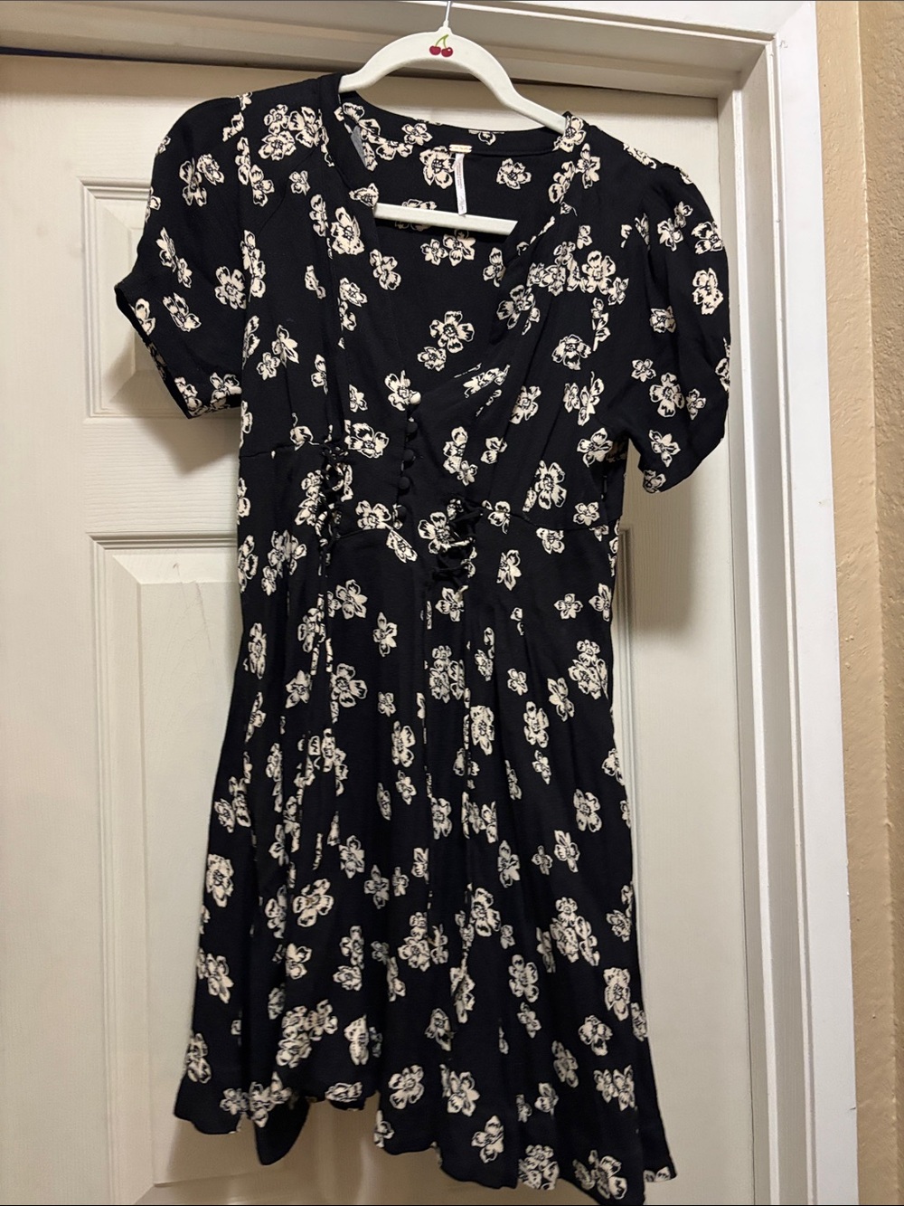 Free People Black Mini Dress with Cream Floral Print